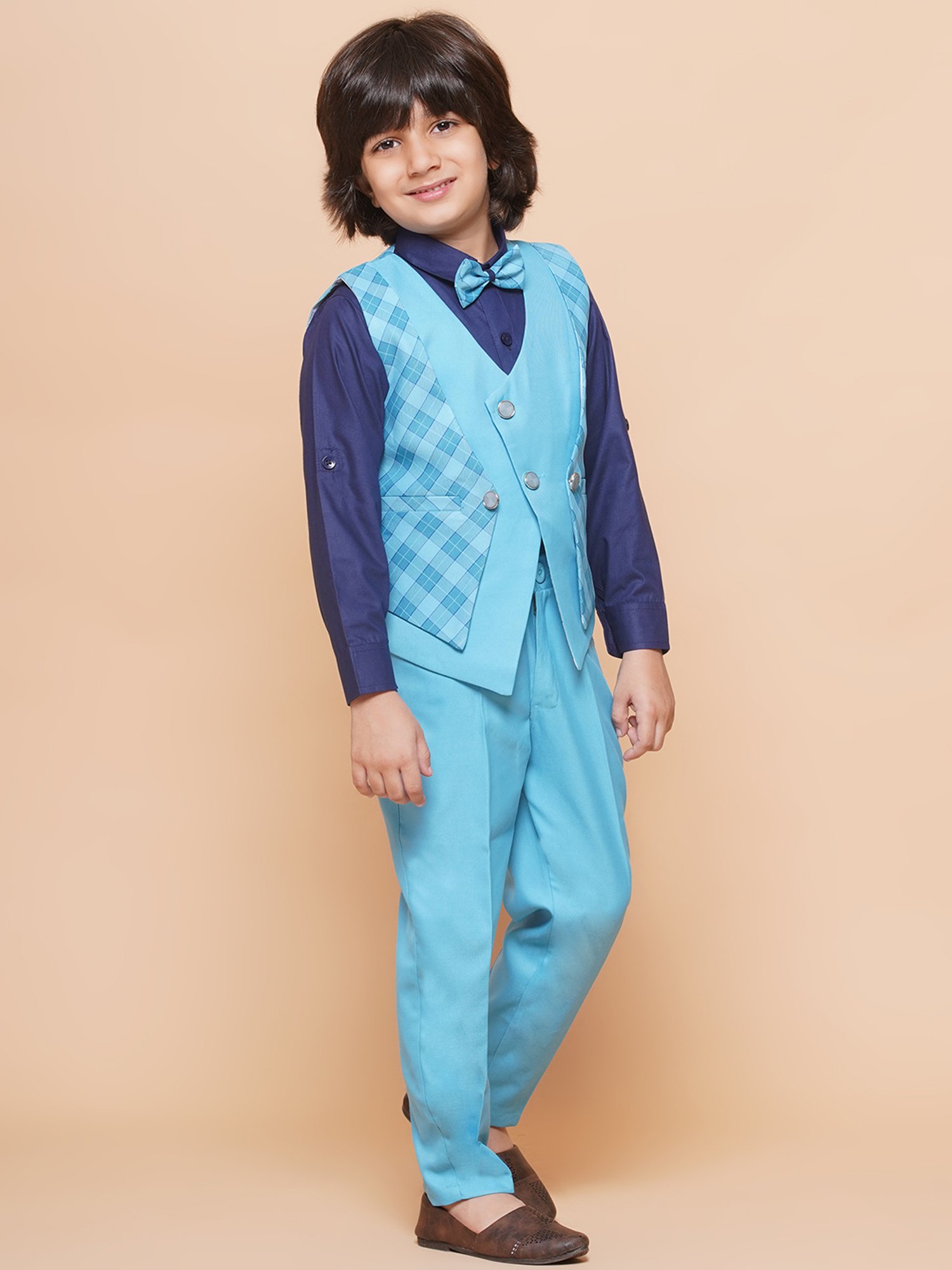 AJ Dezines Kids Sky Blue & Black Solid Full Sleeves Shirt, Pants, Coat, Waistcoat with Tie