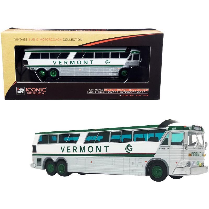 1970 MCI MC-7 Challenger Intercity Bus "Burlington" "Vermont Transit Lines" White & Green 1/87 (HO) Diecast by Iconic Replicas