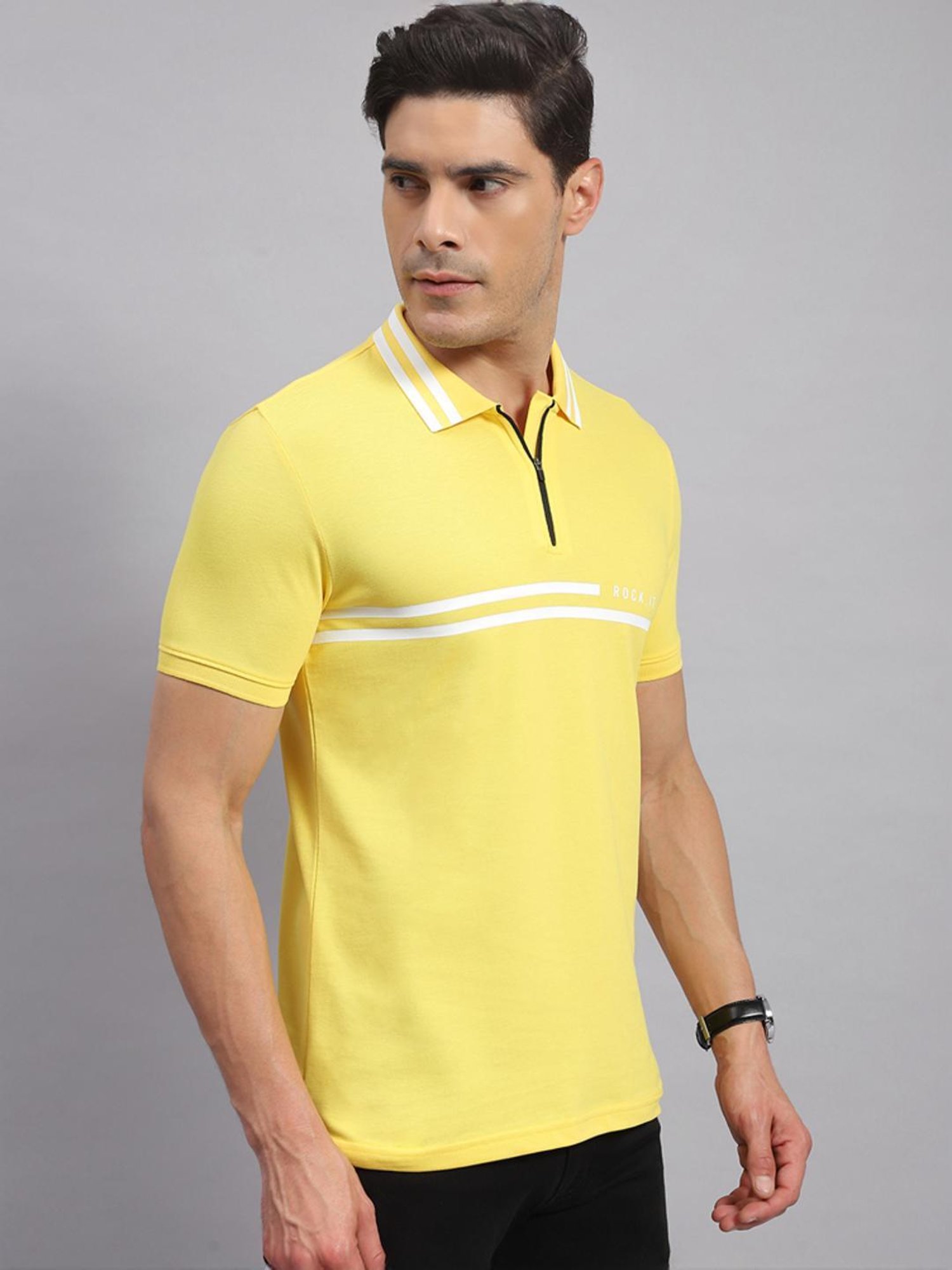 Rock.it Yellow Cotton Regular Fit Printed Polo T-Shirt