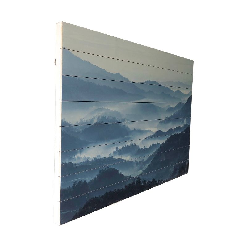 24" x 36" Misty Mountains Print on Planked Wood Wall Sign Panel Blue - Gallery 57