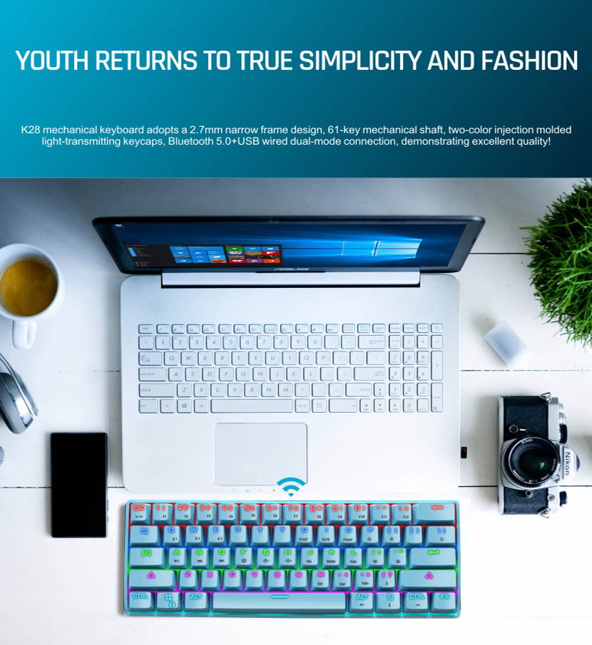 CUUWE K28 Wireless Bluetooth 61-Key Dual-Mode RGB Backlit Waterproof Mechanical Gaming Keyboard - Office Keyboard -Gaming Keyboard