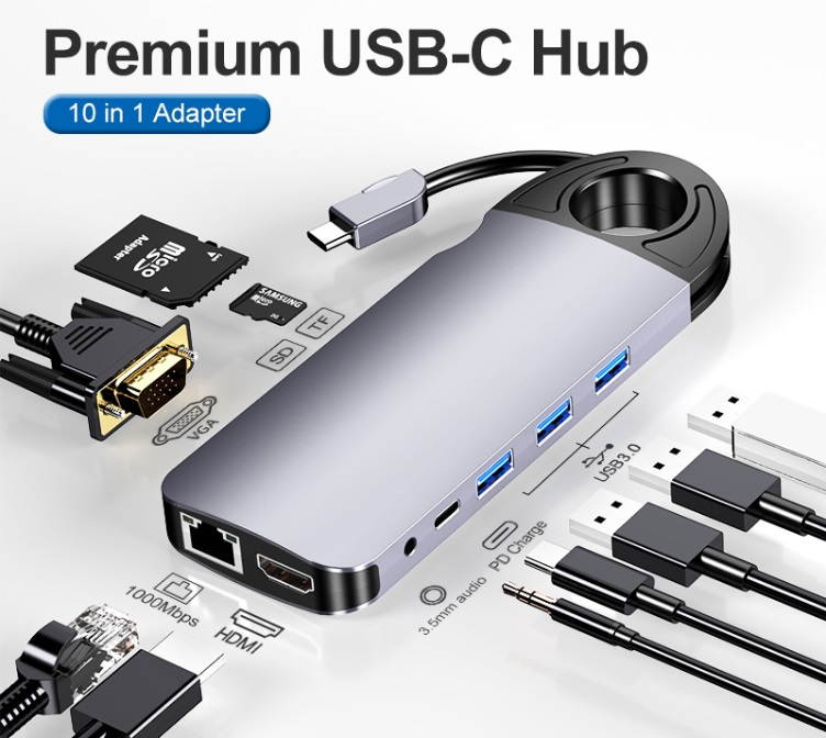 USB Hub Type-C to HDMI/VGA/RJ45 Adapter with SD/TF Card Reader and Charging Port
