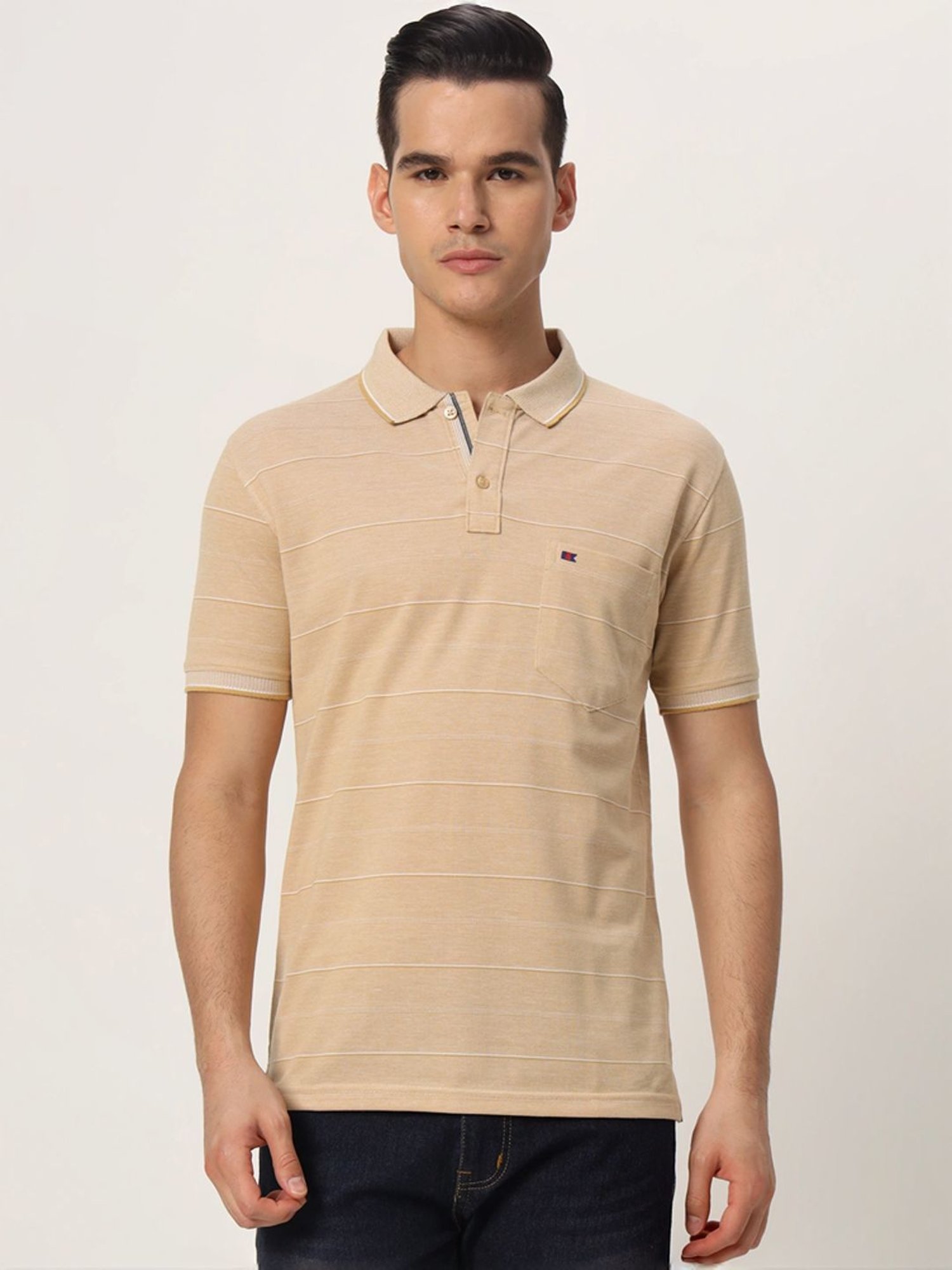 Tab91 Beige Regular Fit Striped Polo T-Shirts