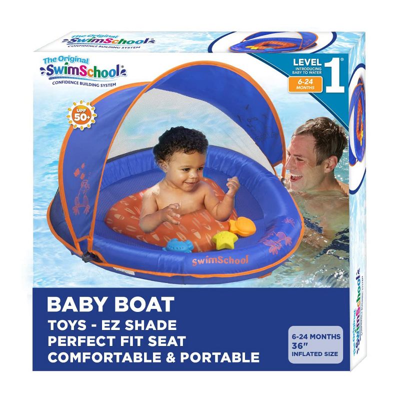 SwimSchool Baby Boat Splash and Play Float with Adjustable Safety Seat, Dual Air Pillow Chambers, and Sun Shade Canopy, Blue