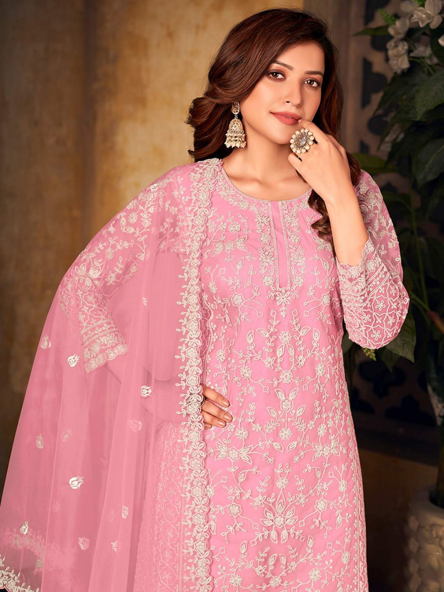 Odette Pink Embroidered Unstitched Dress Material