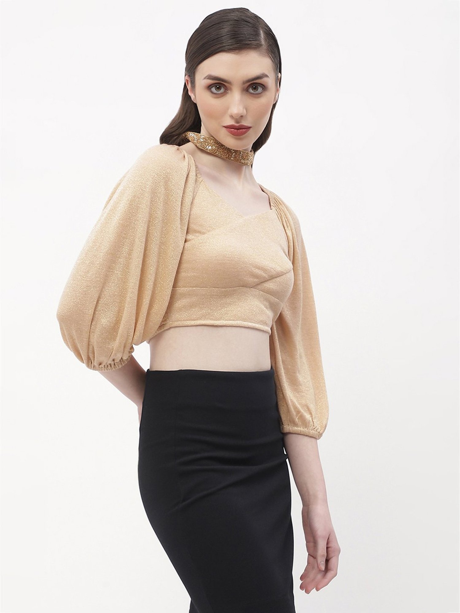MADAME Beige Textured Crop Top