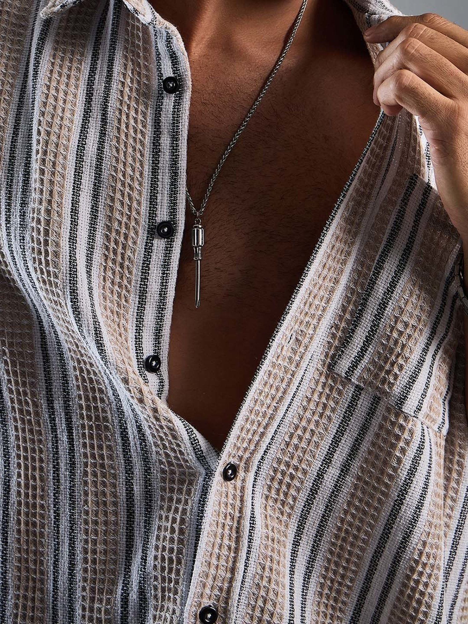 CHIMPAAANZEE Beige & White Loose Fit Striped Oversized Shirt