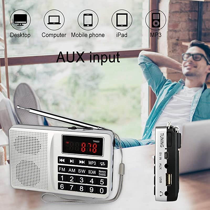 TR603 Radios Portable AM FM, Short Wave Band Radio, Digital Radio Support TF, USB, AUX Input, with Preset Button and 5W Speaker (Sliver)