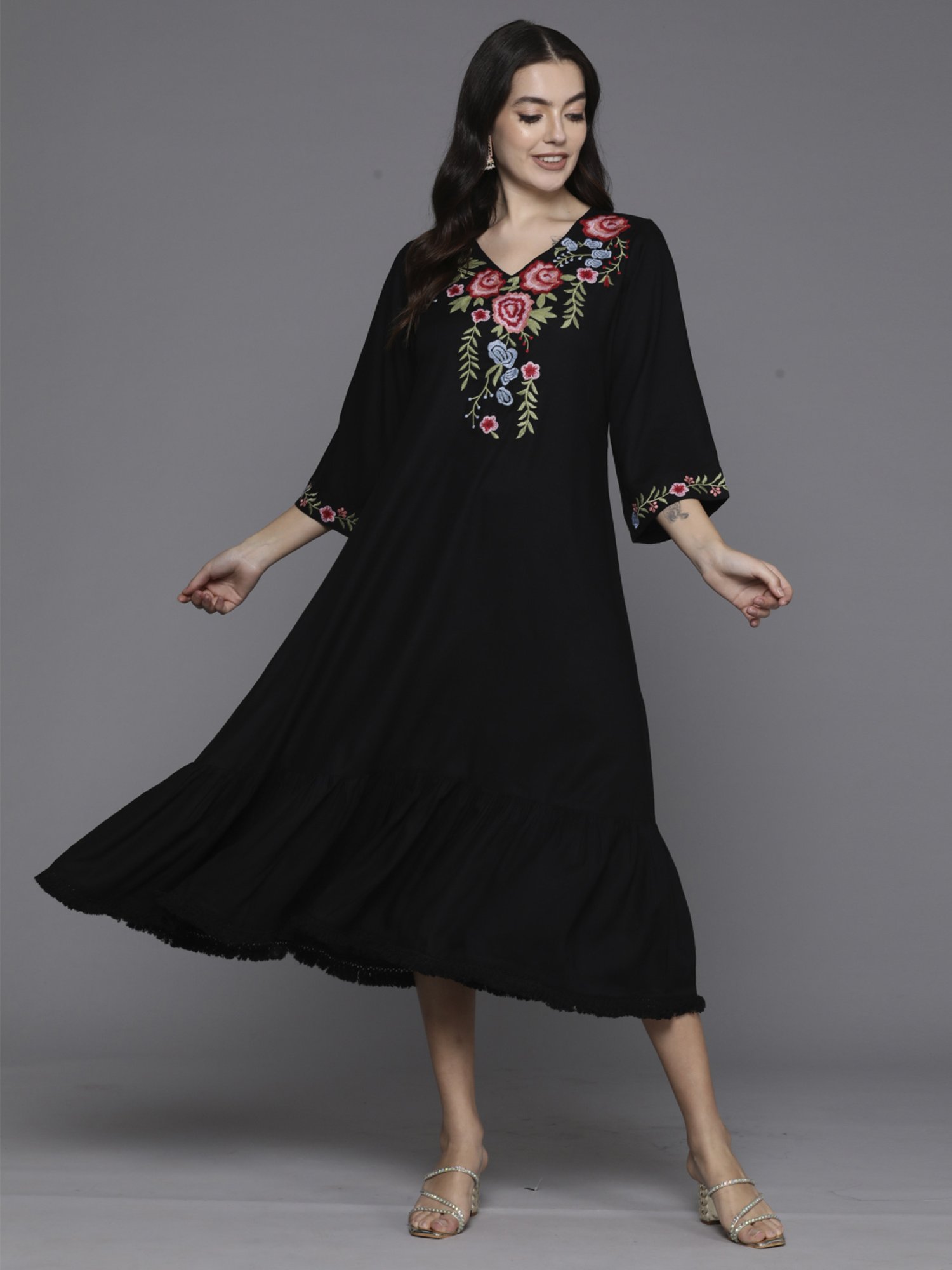 Indo Era Black Embroidered A-Line Dress