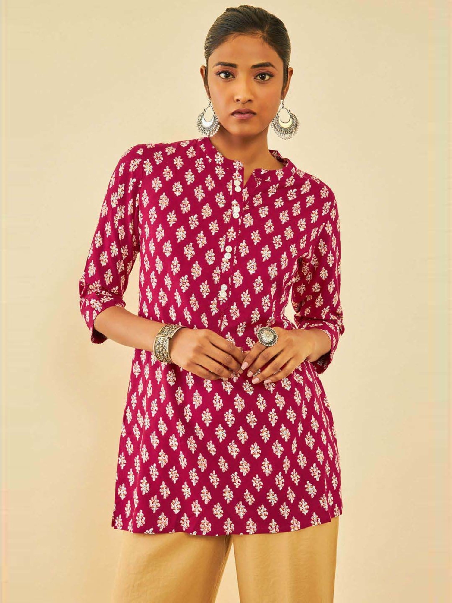 Soch Red Rayon Floral Printed Tunic With Faux Mirror