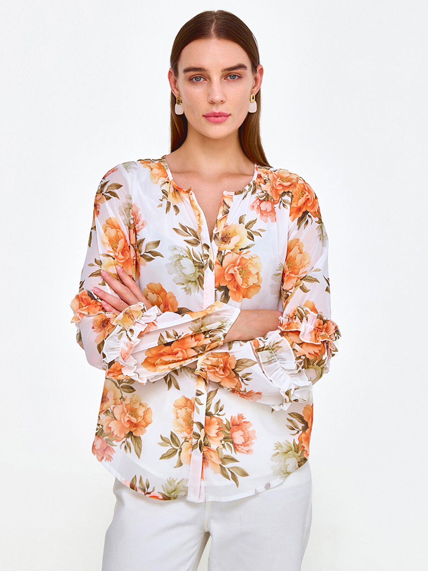 Cover Story Off White & Orange Floral Print Top