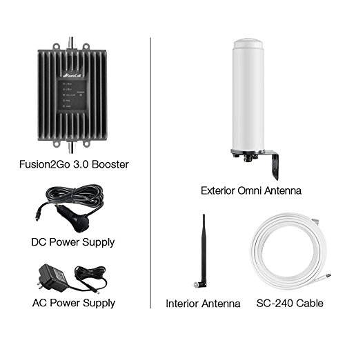 SureCall Fusion2Go 3.0 RV cell phone signal booster kit increases cellular coverage for multiple users inside any RV or motorhome for all carriers voice, text and 4G LTE data signals. 3 Year Warranty