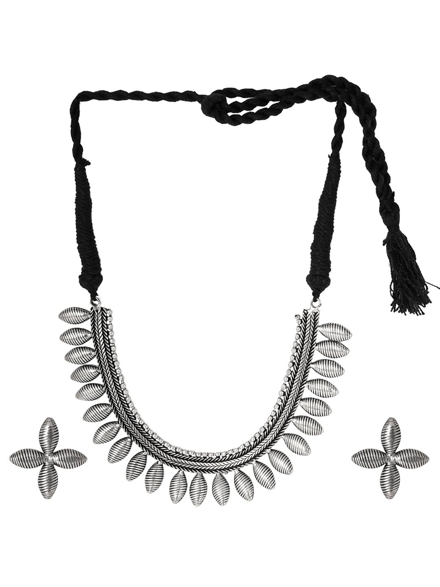 Teejh Ethnic Mazba Leaf Silver Oxidized Princess Necklace Set for Women