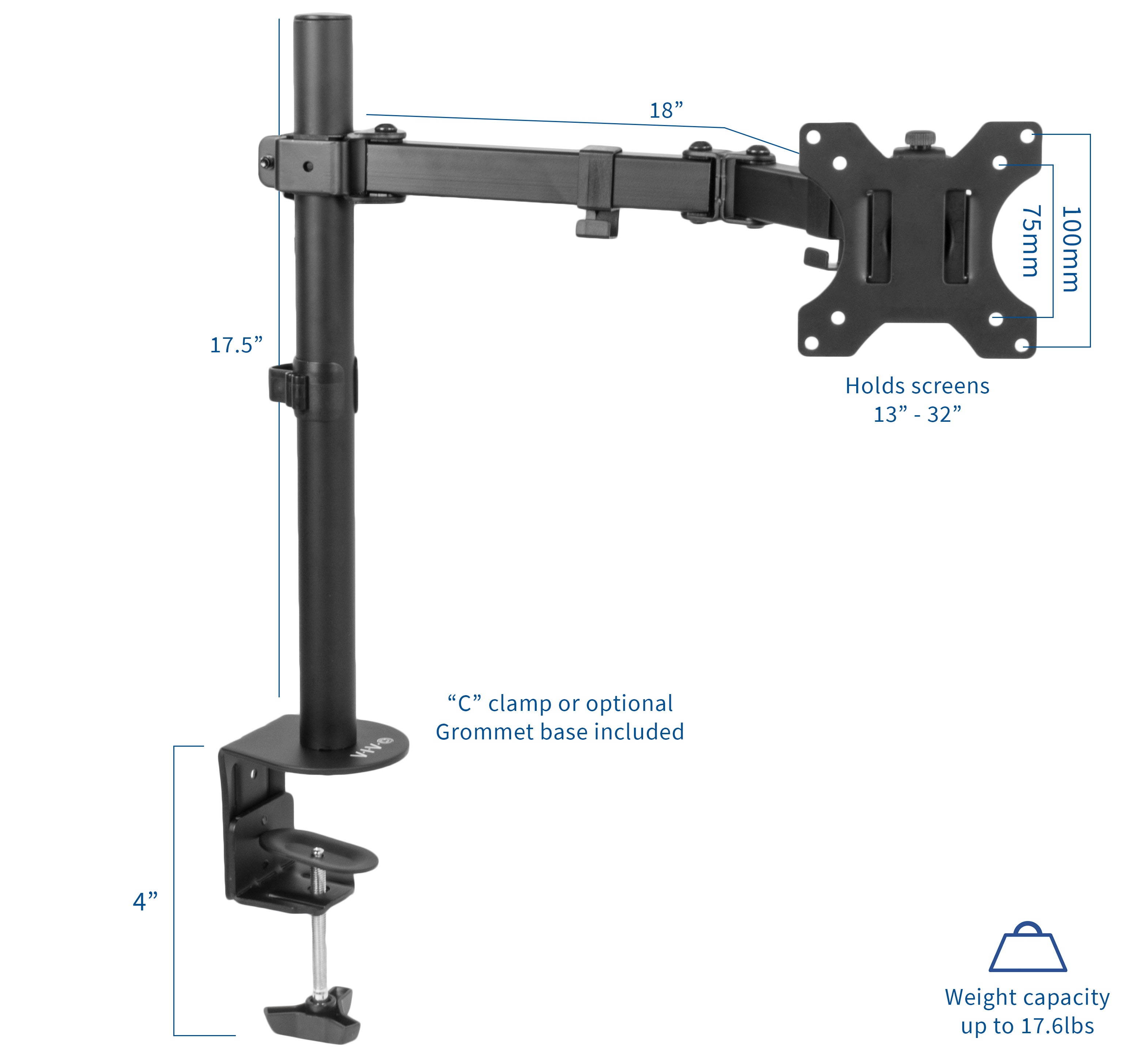 VIVO Full Motion Single VESA Monitor Desk Mount Stand with Double Center Arm Joint | For 13" to 32" Screens (STAND-V101)
