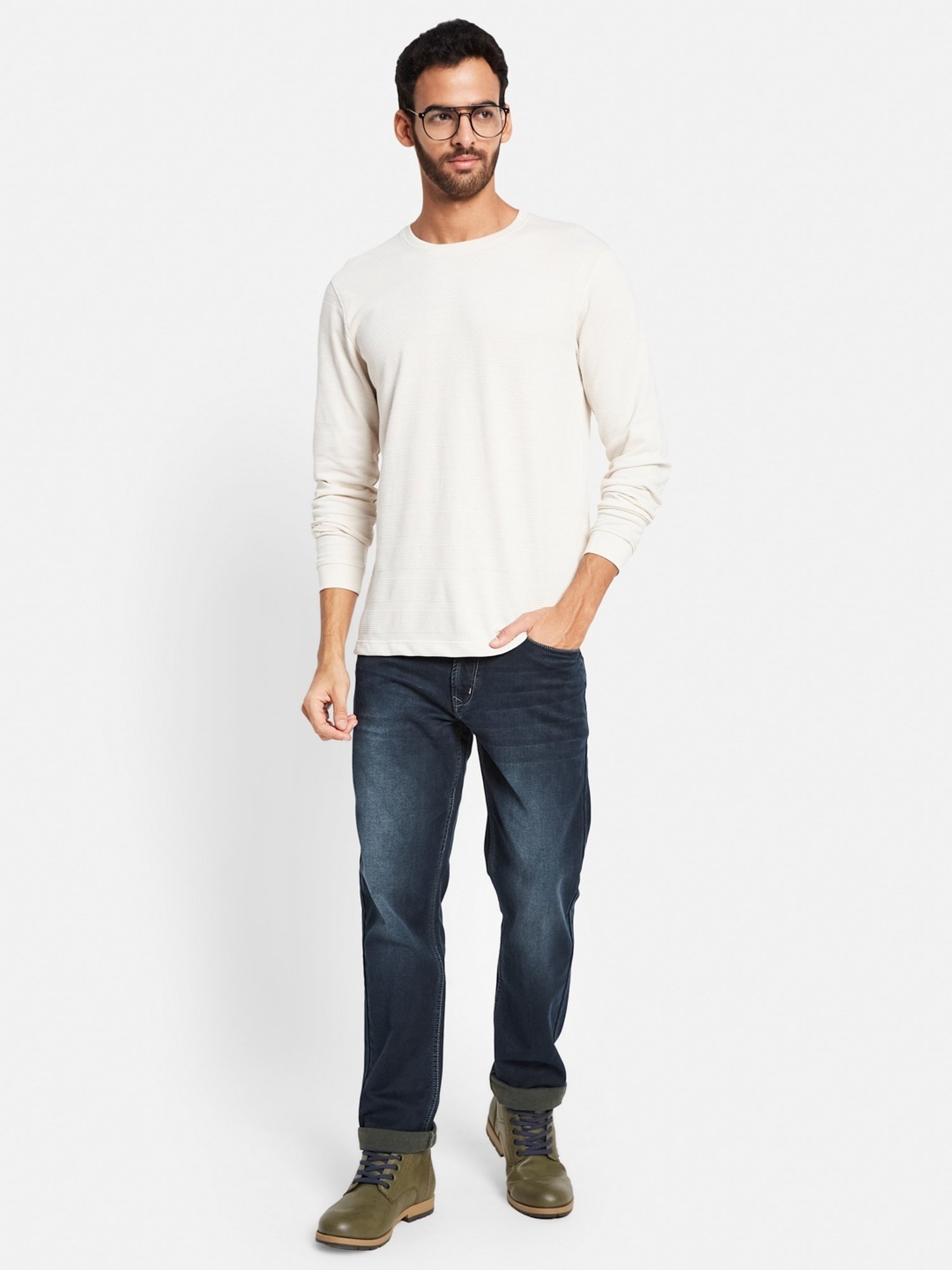 METTLE Cream Cotton Regular Fit T-Shirt