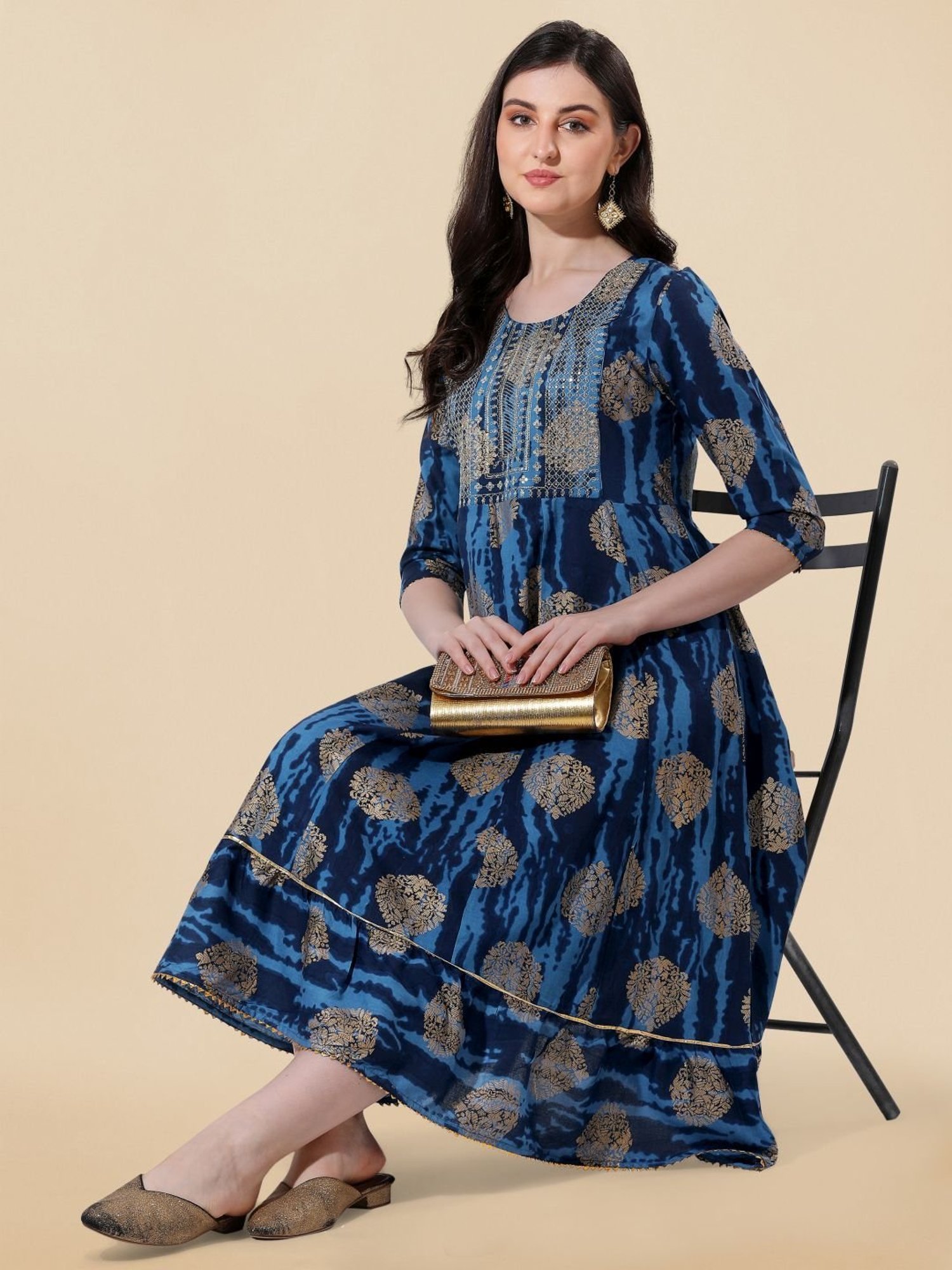 MIRCHI FASHION Blue Cotton Embroidered A-Line Dress