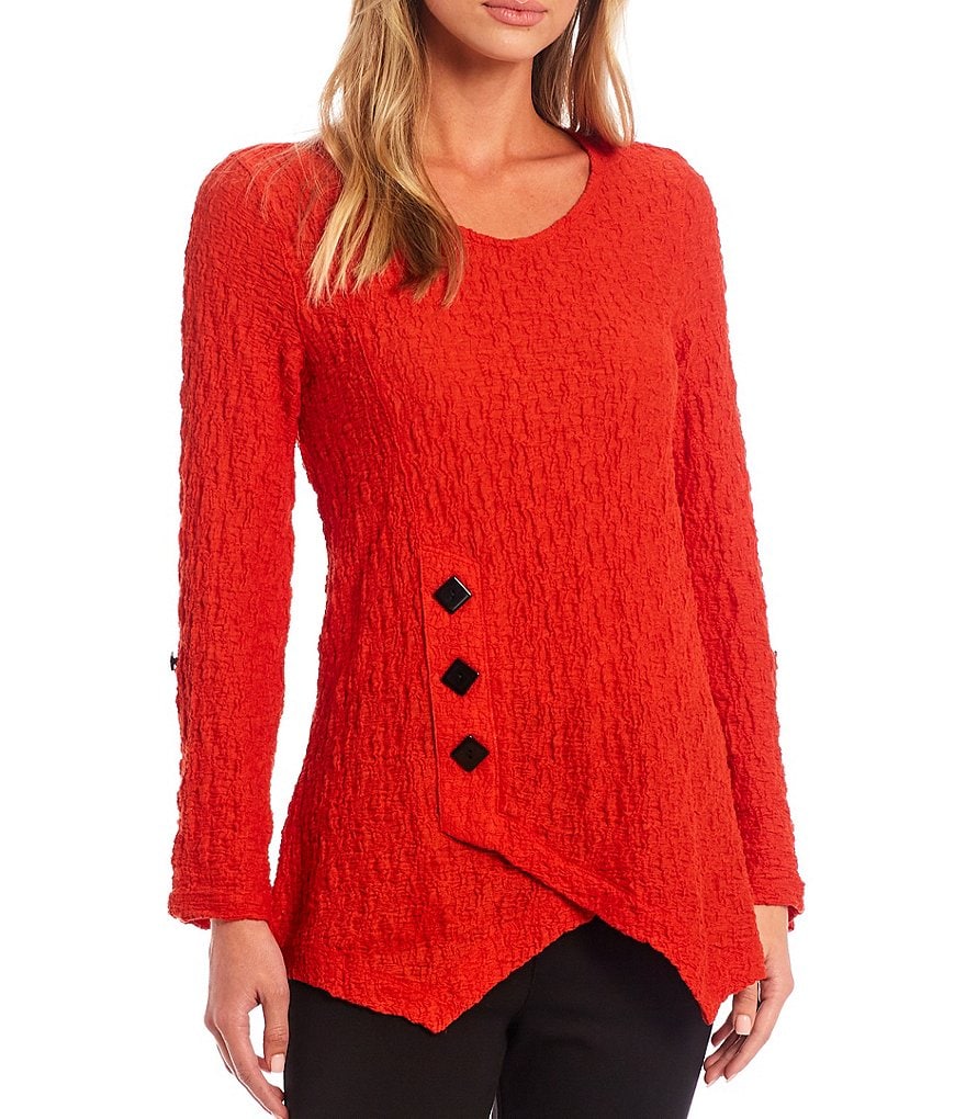 Ali Miles Petite Size Long Roll-Tab Sleeve Round V-Neck Pucker Knit Asymmetrical Tunic