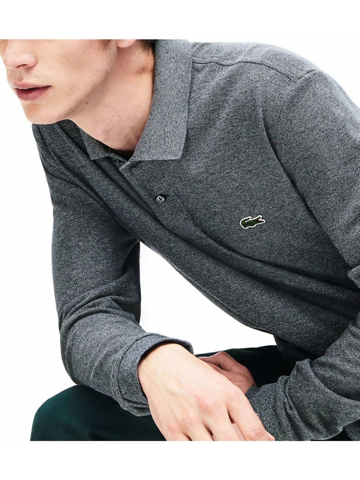 Lacoste Grey Long-Sleeve In Marl Petit Pique Boxy Fit Polo T-Shirt