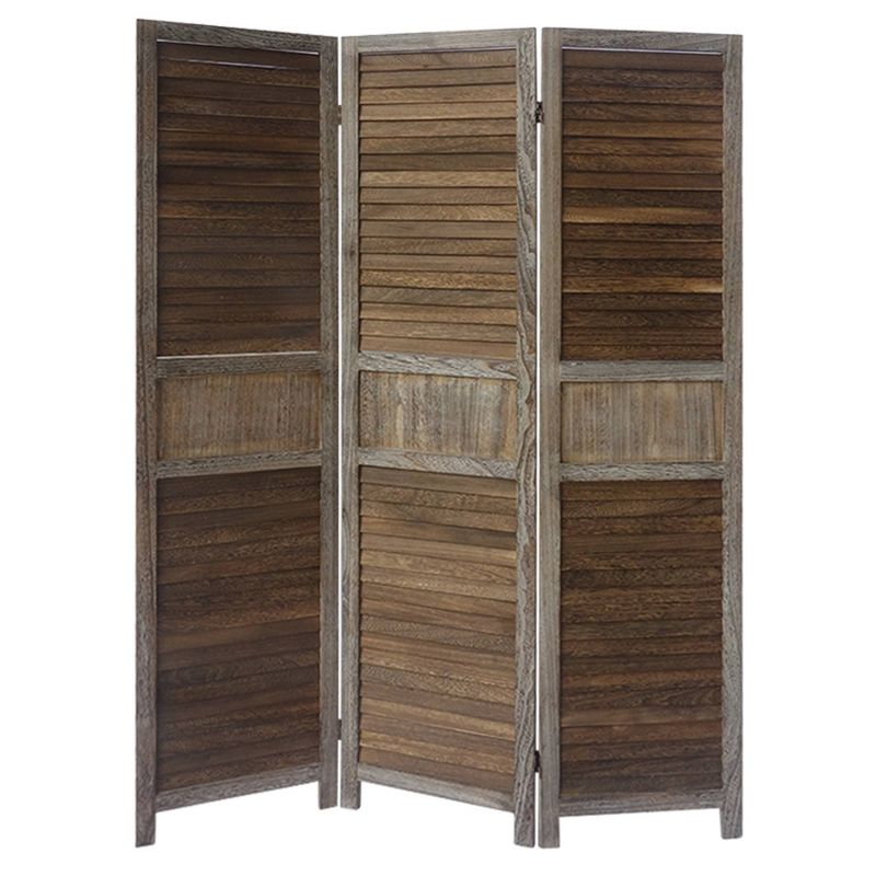 3 Panel Foldable Wooden Divider Privacy Screen with Grains and Metal Hinges Brown/Gray - The Urban Port