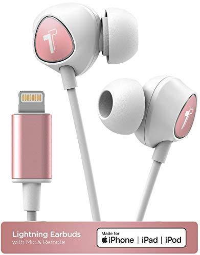 thore updated 2018 wired in ear headphones for iphone xr, xs max earphones with mic white/rose gold lightning mfi certified by apple earbuds remote microphone volume v100 retail packaging