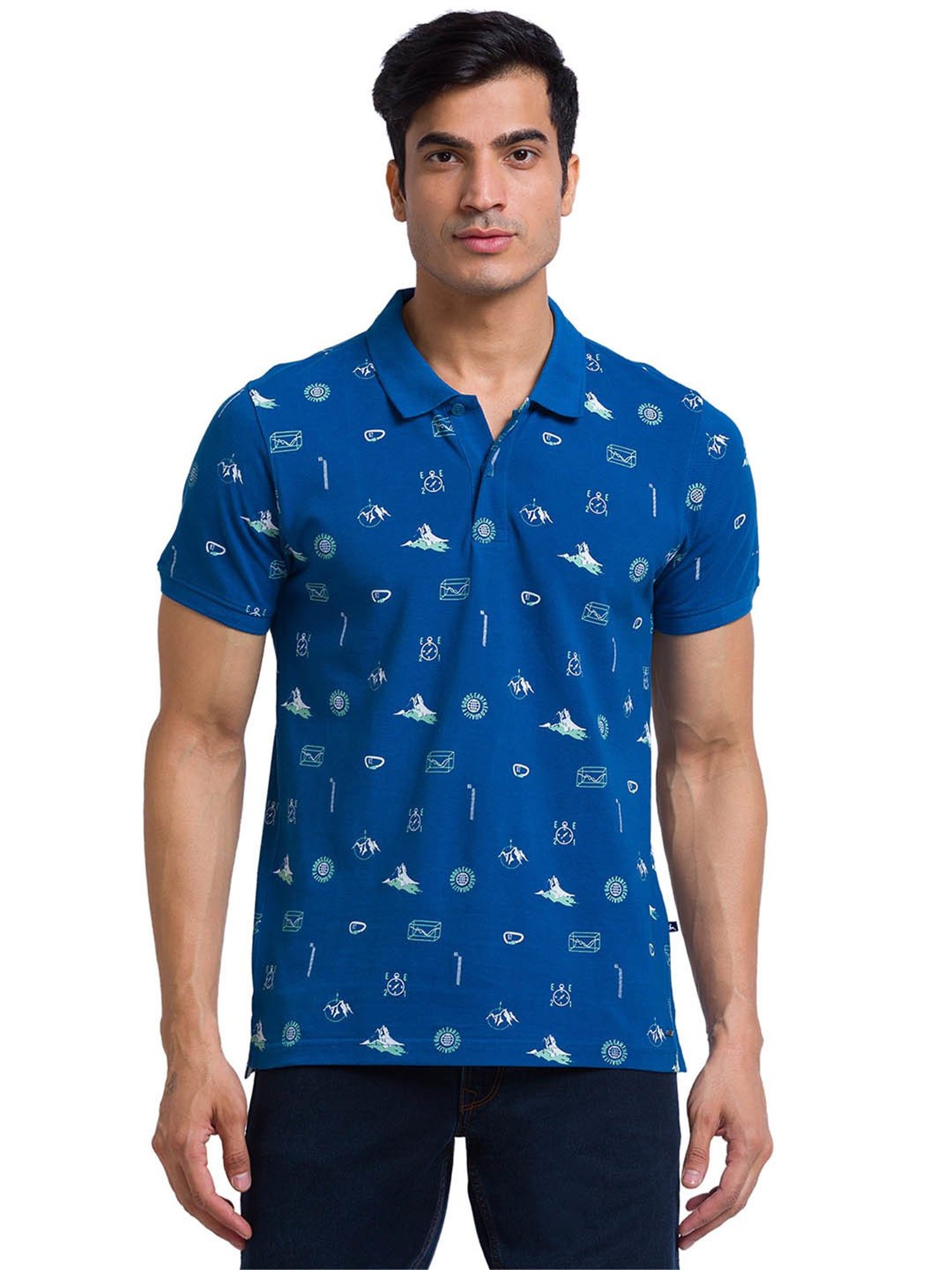 Parx Blue Regular Fit Printed Polo T-Shirt