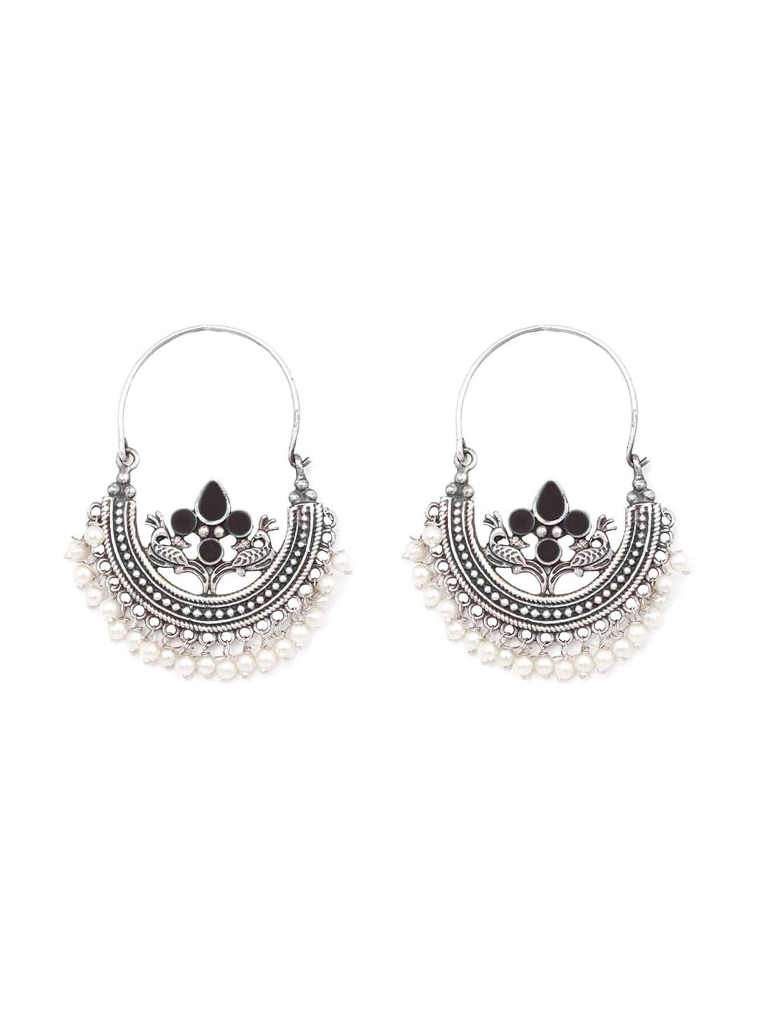 Teejh Saara Floral Pearl White & Black Stone Bali Earrings