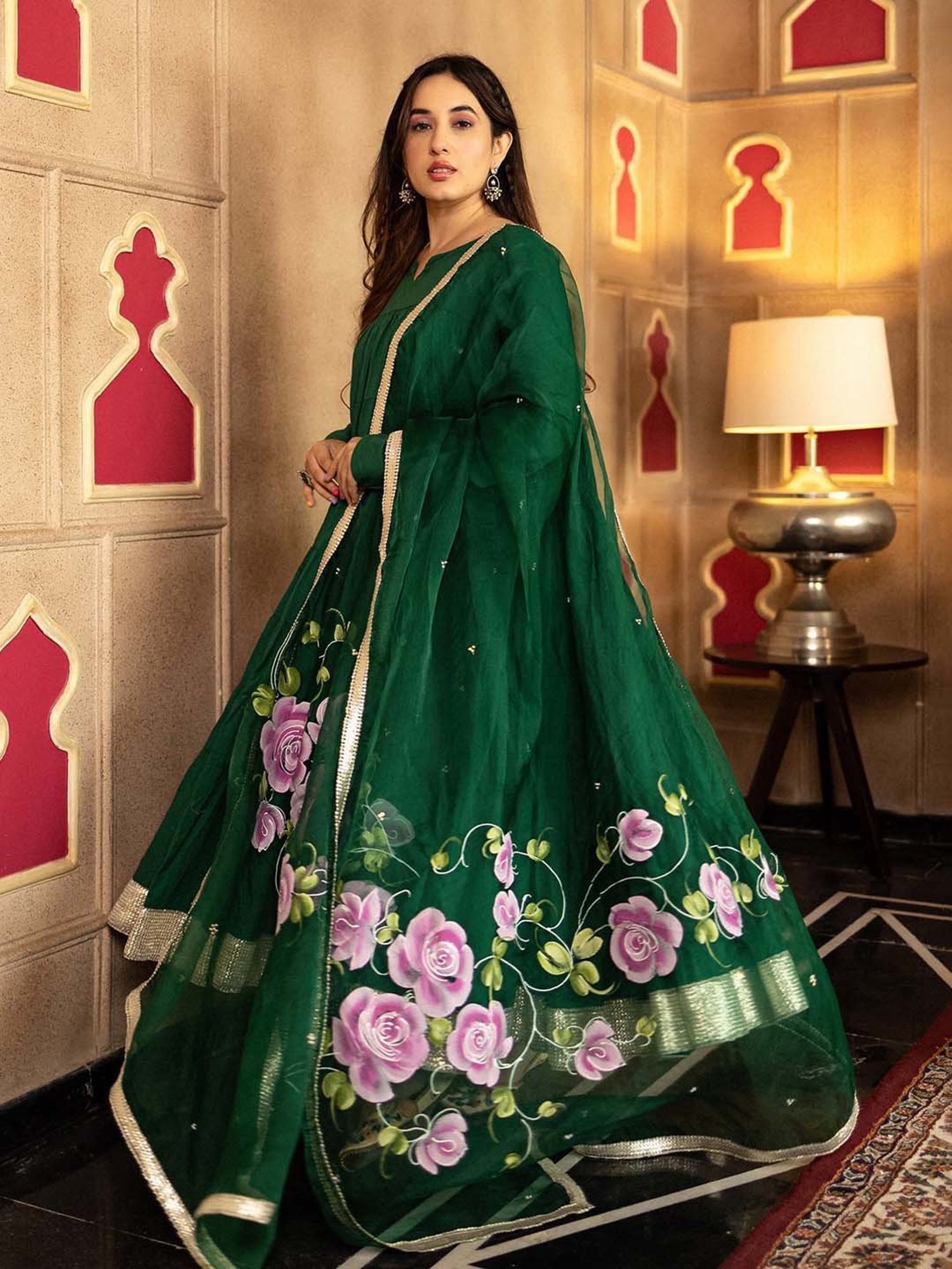 AACHHO Green Vasanti Hand Painted Suit Set