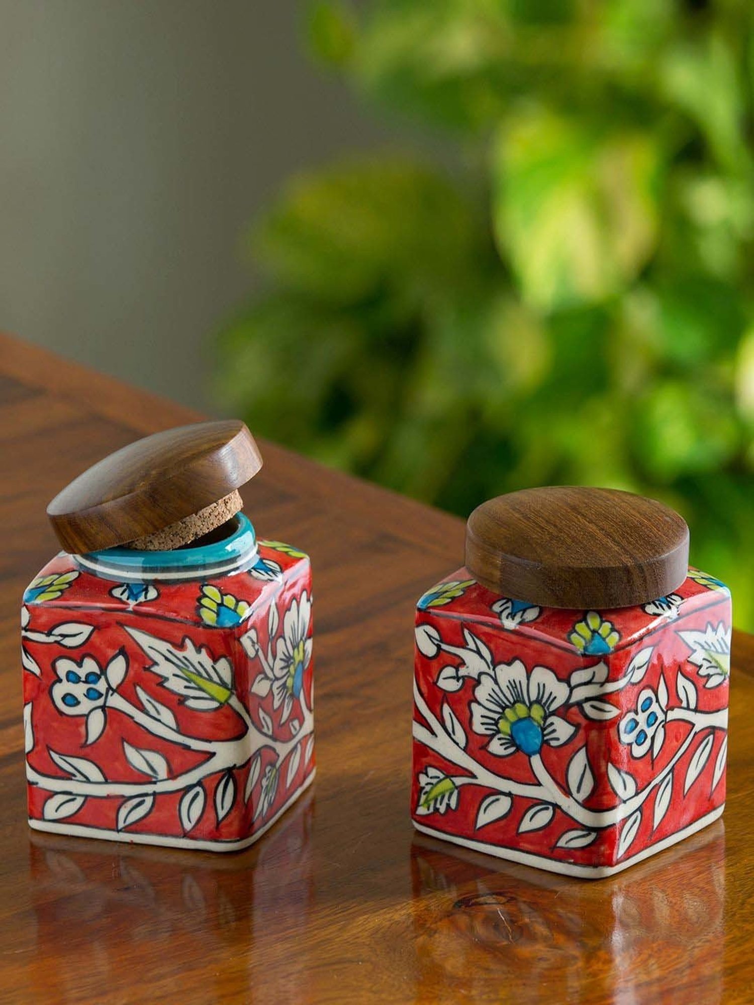 ExclusiveLane Mughal-e-Zahra Red & Brown Ceramic Storage Jar With Lid - Set of 4