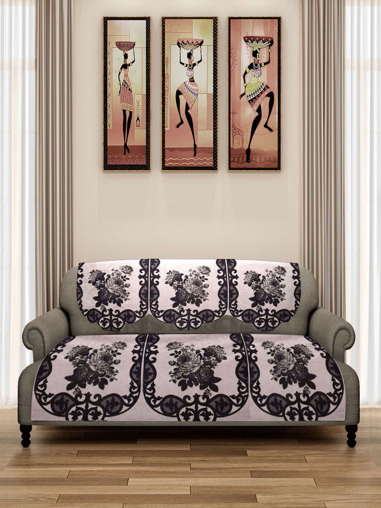 Romee Beige Polyester Floral Sofa Covers