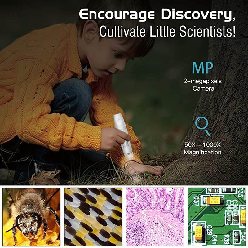 WiFi USB Digital Microscope, 1080P HD 2MP Camera, 50x to 1000x Magnification Mini Pocket Handheld Wireless Endoscope 8 LED, Arm Stand Compatible with iPhone/iPad/Mac/Window/Android/iOS - White