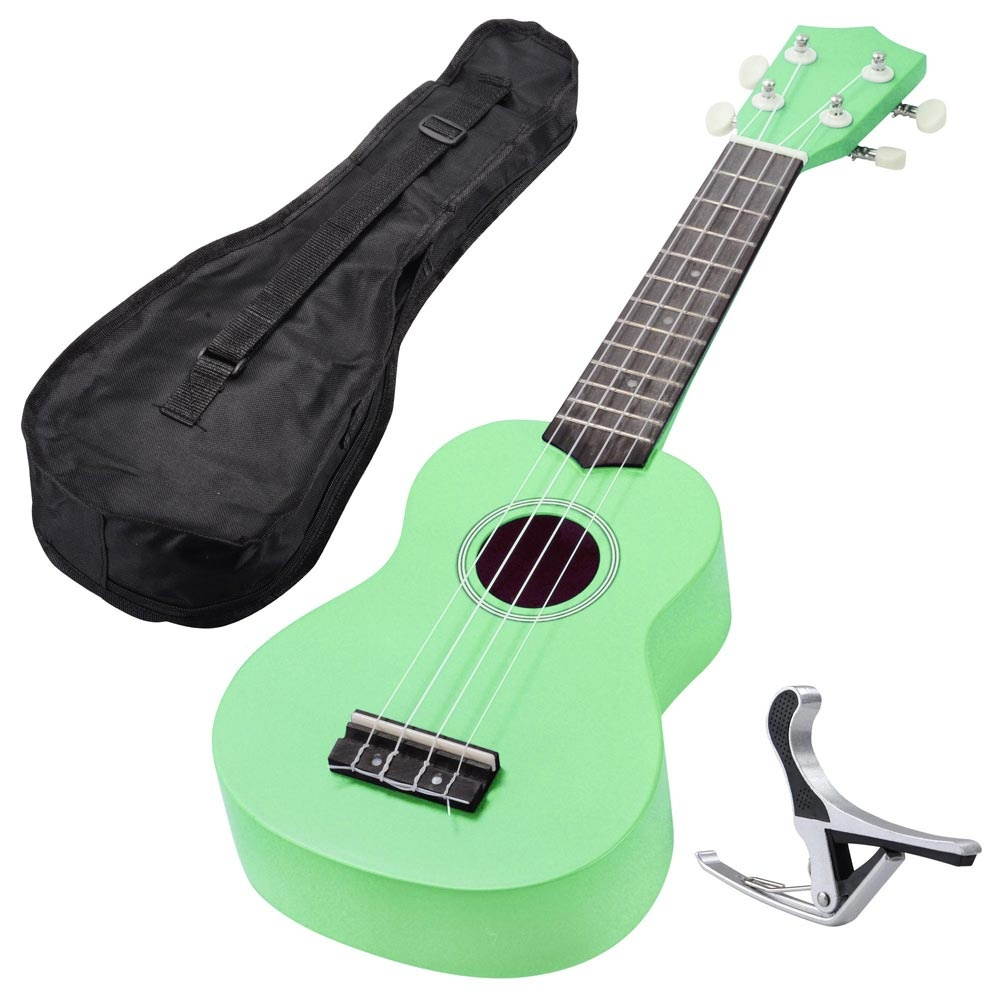 21" Basswood 12 Fret Soprano Ukulele with Aluminum Capo and Carrying Bag Green