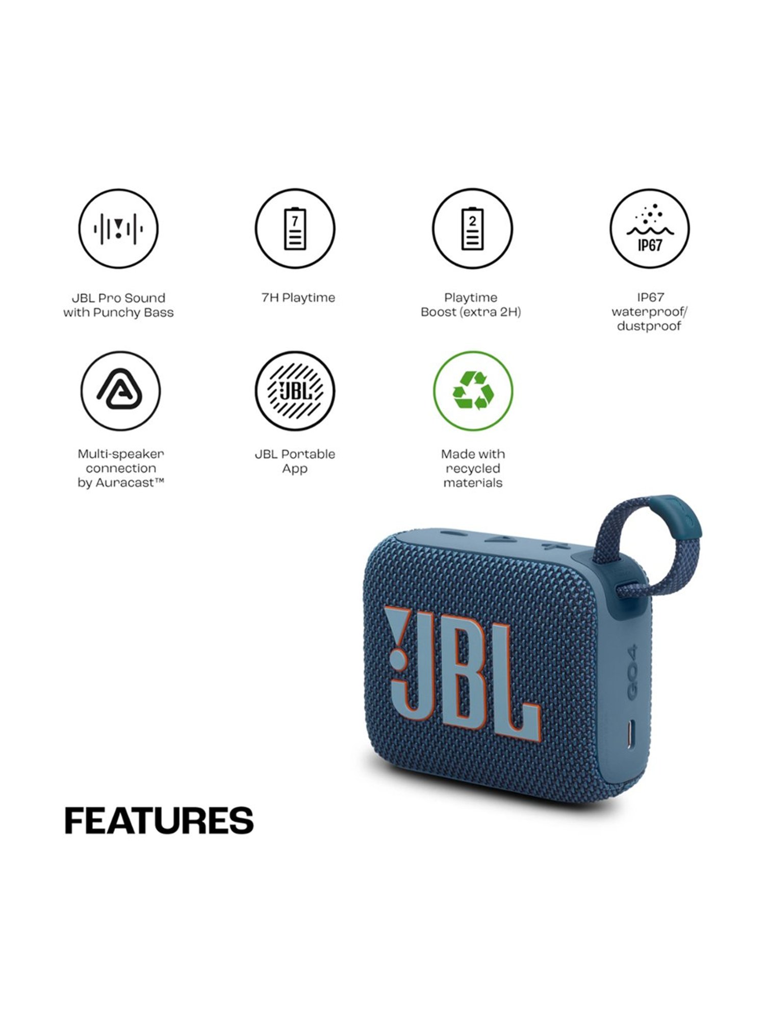 JBL Go 4, Wireless Ultra Portable Bluetooth Speaker with Pro Sound, Water & Dust Proof (Blue)