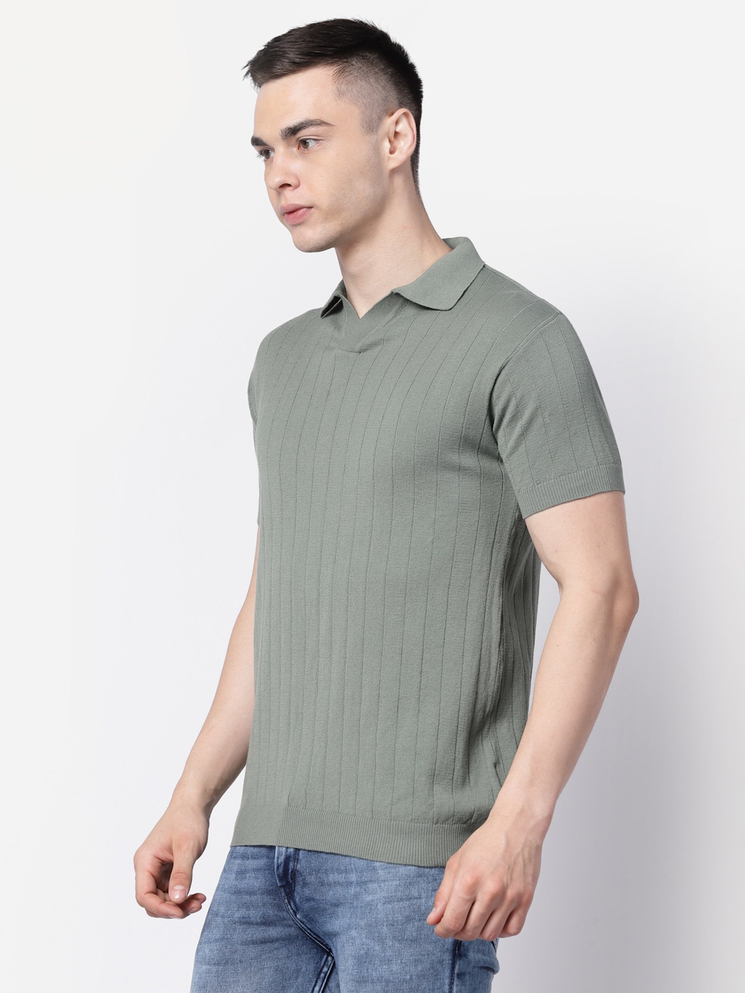 Kalt Light Green Regular Fit Striped Polo T-Shirt