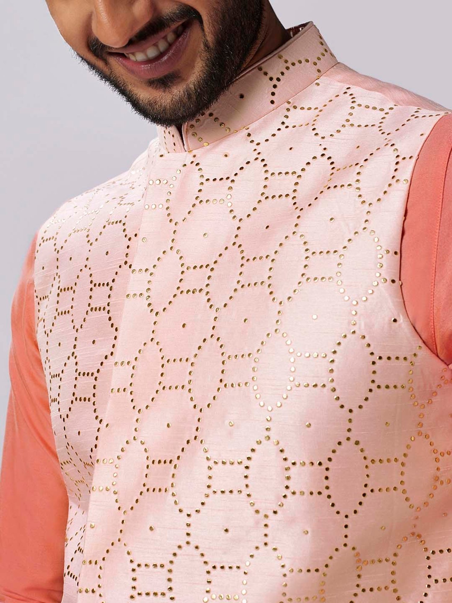 KISAH Pink & Cream Regular Fit Embellished Kurta & Churidar With Nehru Jacket