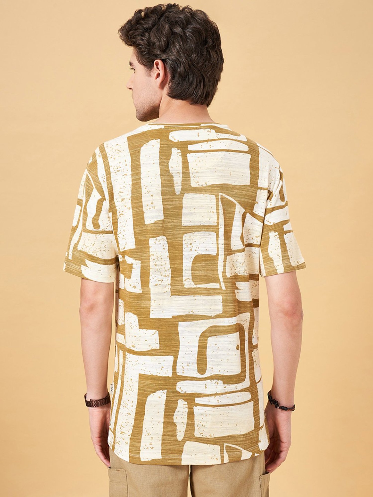 7 Alt by Pantaloons Mustard Relaxed Fit Printed Crew T-Shirt