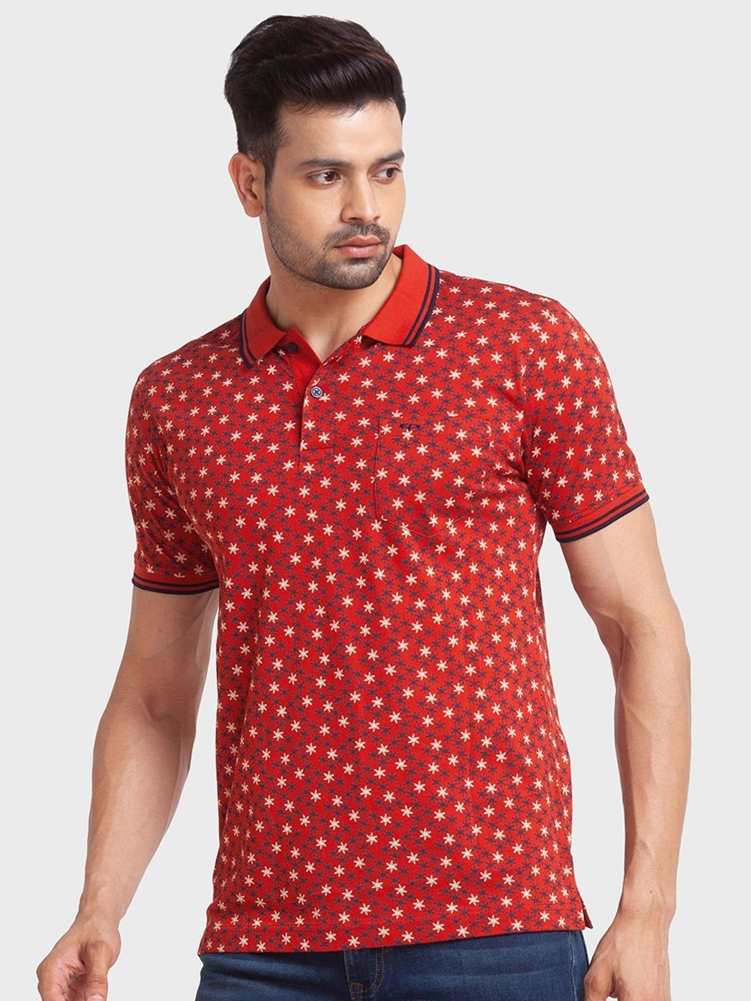 ColorPlus Orange Cotton Tailored Fit Printed Polo T-Shirt