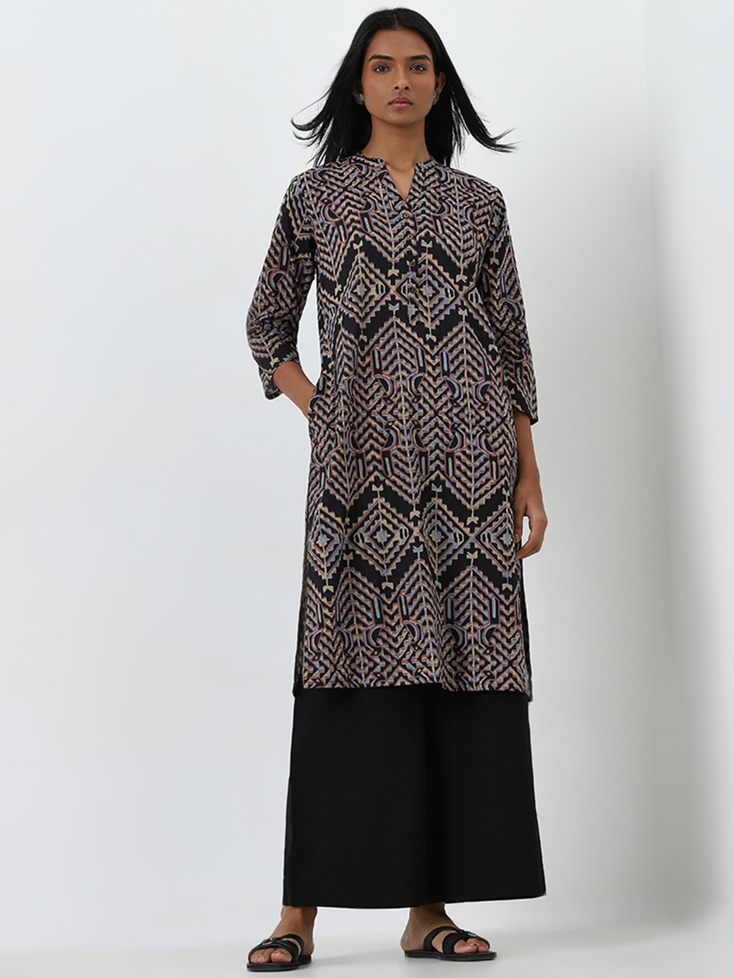 Utsa by Westside Black Geometric Design Straight Cotton Kurta