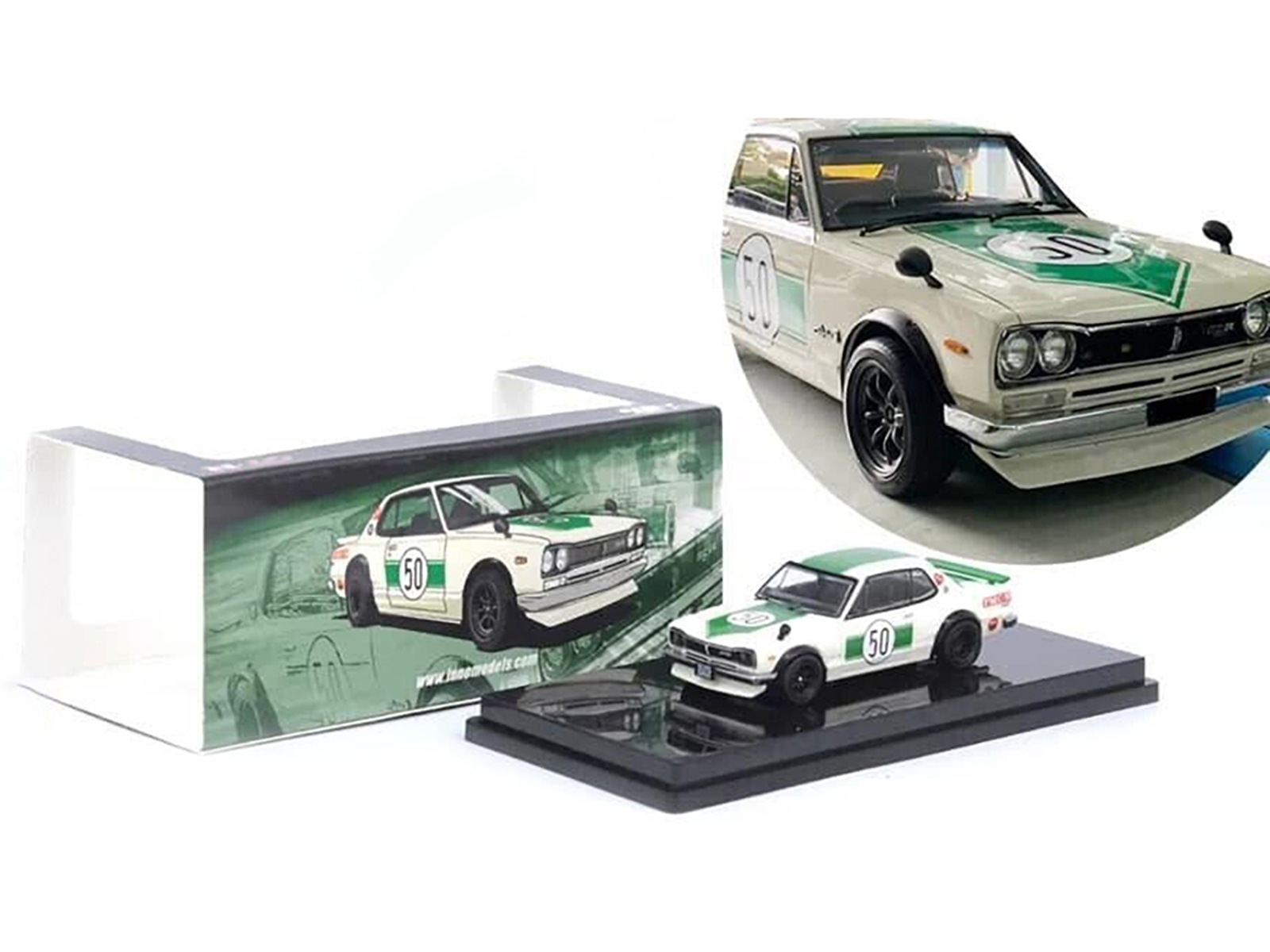 Nissan Skyline 2000 GT-R (KPGC10) #50 RHD (Right Hand Drive) White with Green Stripes "Malaysia Diecast Expo Event Edition" (2023) 1/64 Diecast Model Car by Inno Models