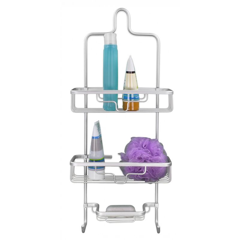 Home BasicsRust-Resistant 2 Tier Aluminum Shower Caddy with Built-in Hooks , and Soap Tray, Grey