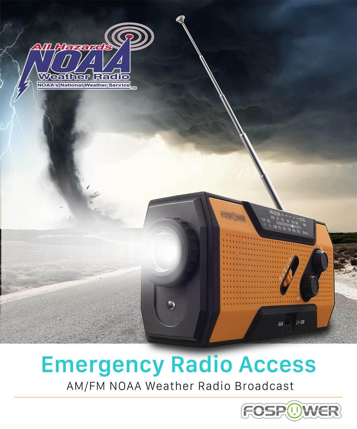 FosPower Emergency Solar Hand Crank Portable Radio, NOAA Weather Radio for Household and Outdoor Emergency with AM/FM, LED Flashlight, Reading Lamp, 2000mAh Power Bank USB Charger and SOS Alarm