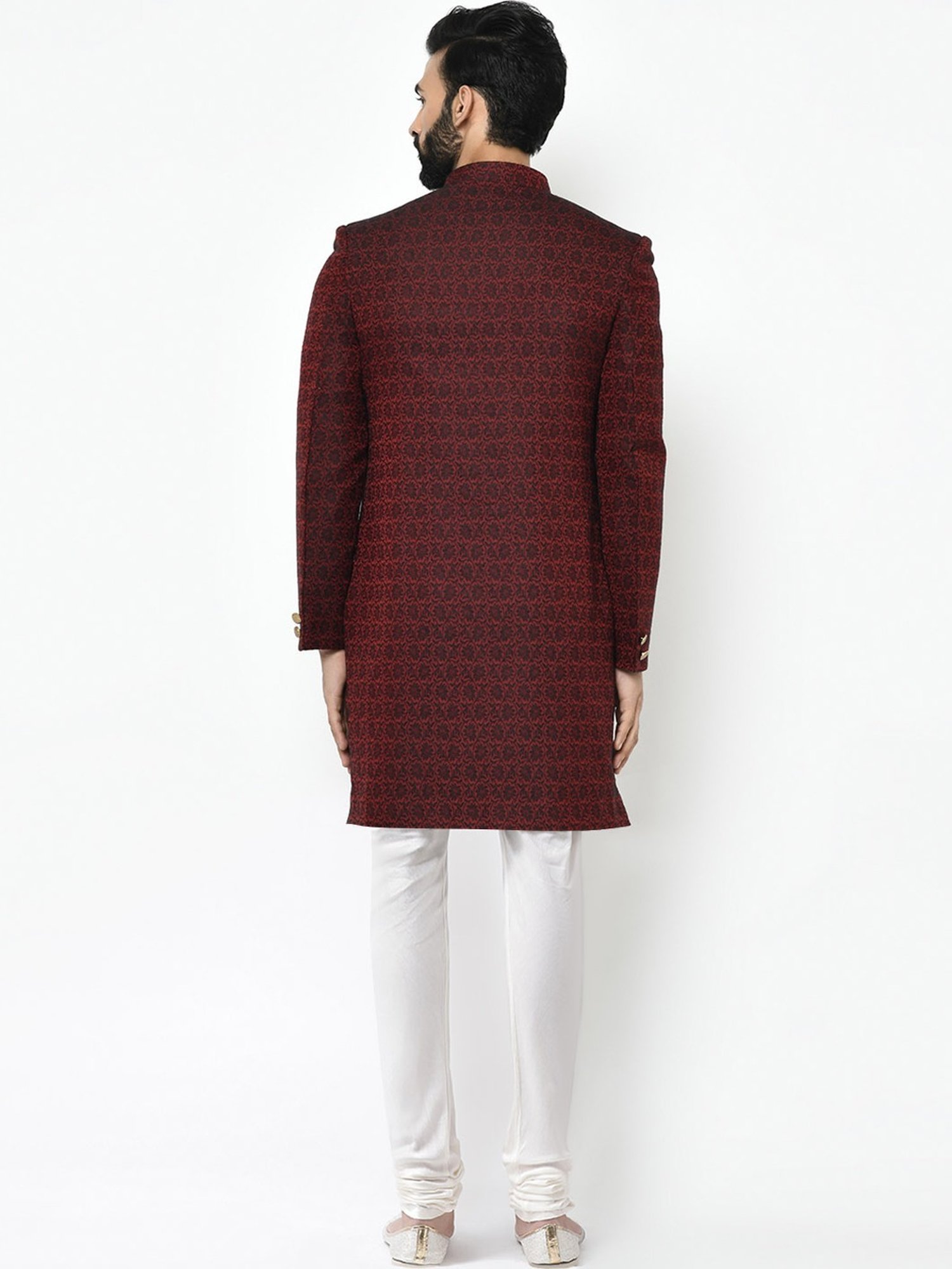 KISAH Maroon & White Regular Fit Jacquard Sherwani Set