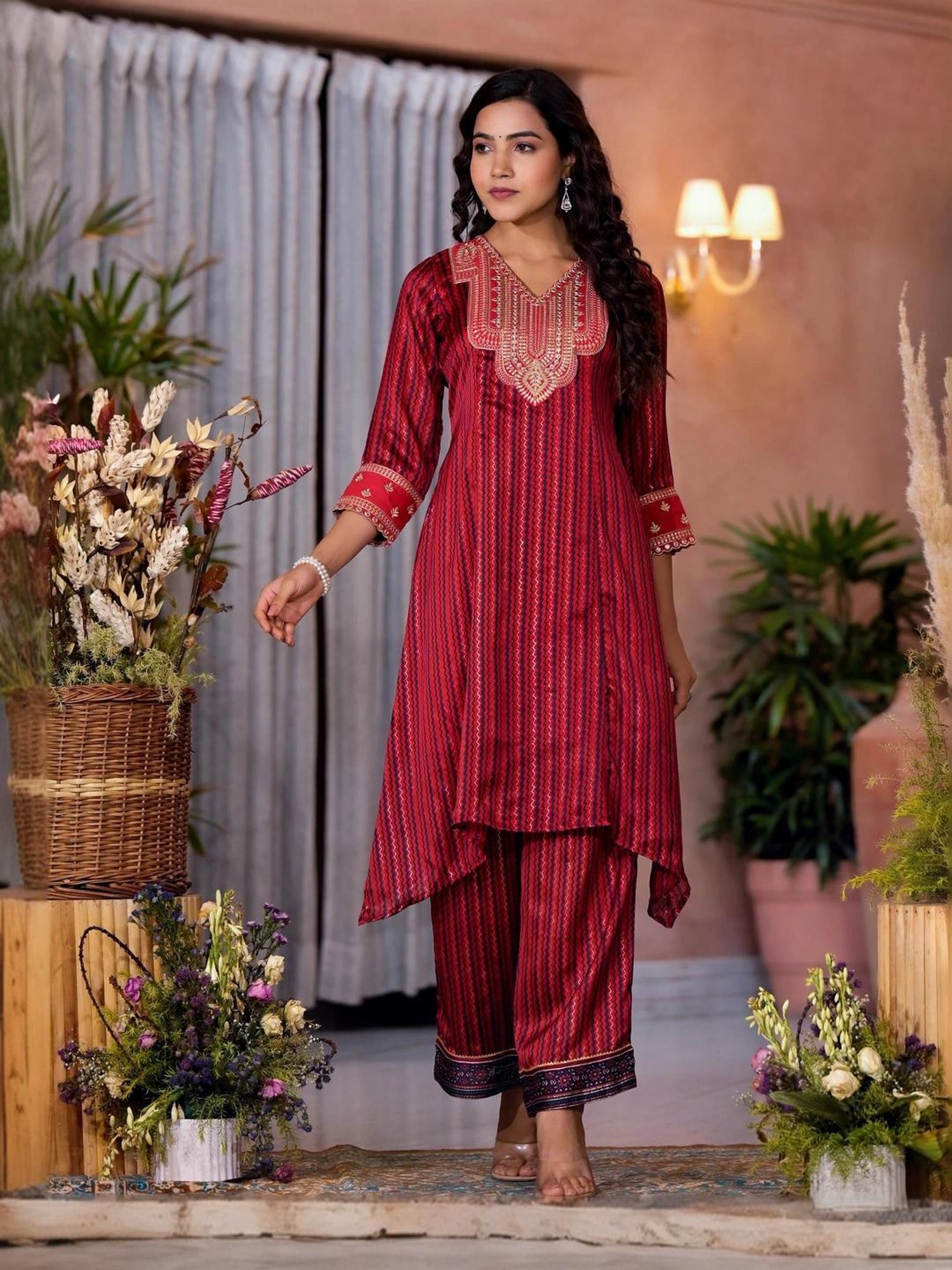Juniper Red Embroidered Kurta Pant Set With Dupatta