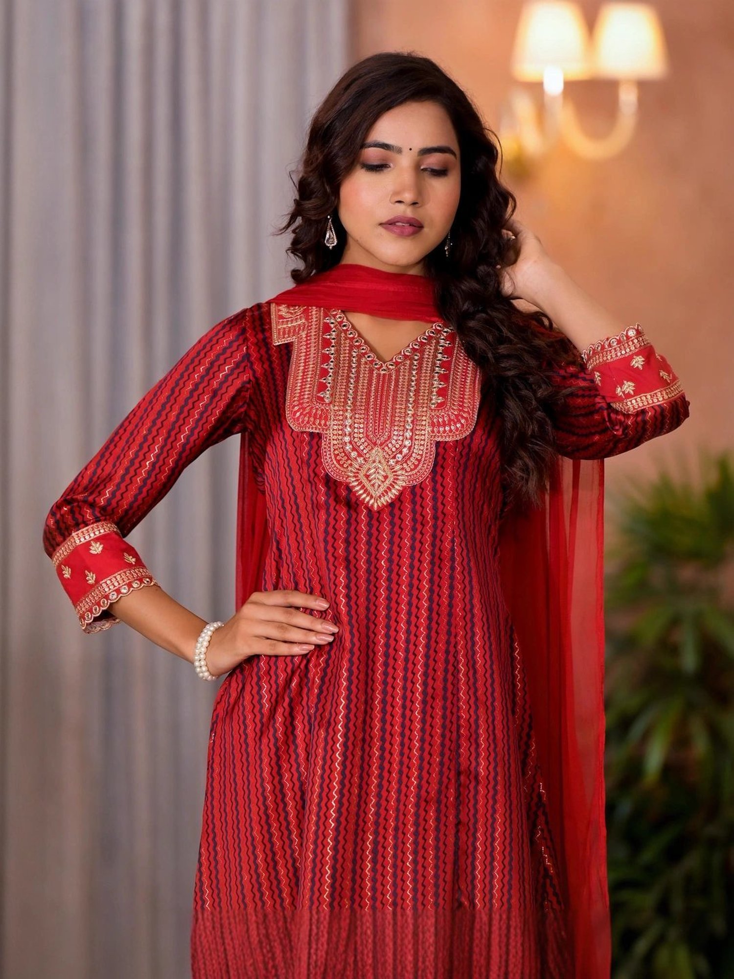 Juniper Red Embroidered Kurta Pant Set With Dupatta