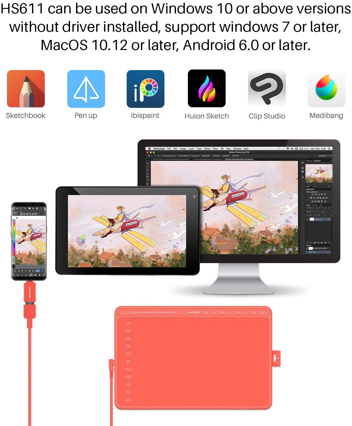 Huion HS611 Graphics Drawing Tablet 10X6 inch Pen Tablet with 8192 Levels Battery-Free Pen, 8 Multimedia Keys and 10 Programmable Press Keys, One Touch Bar