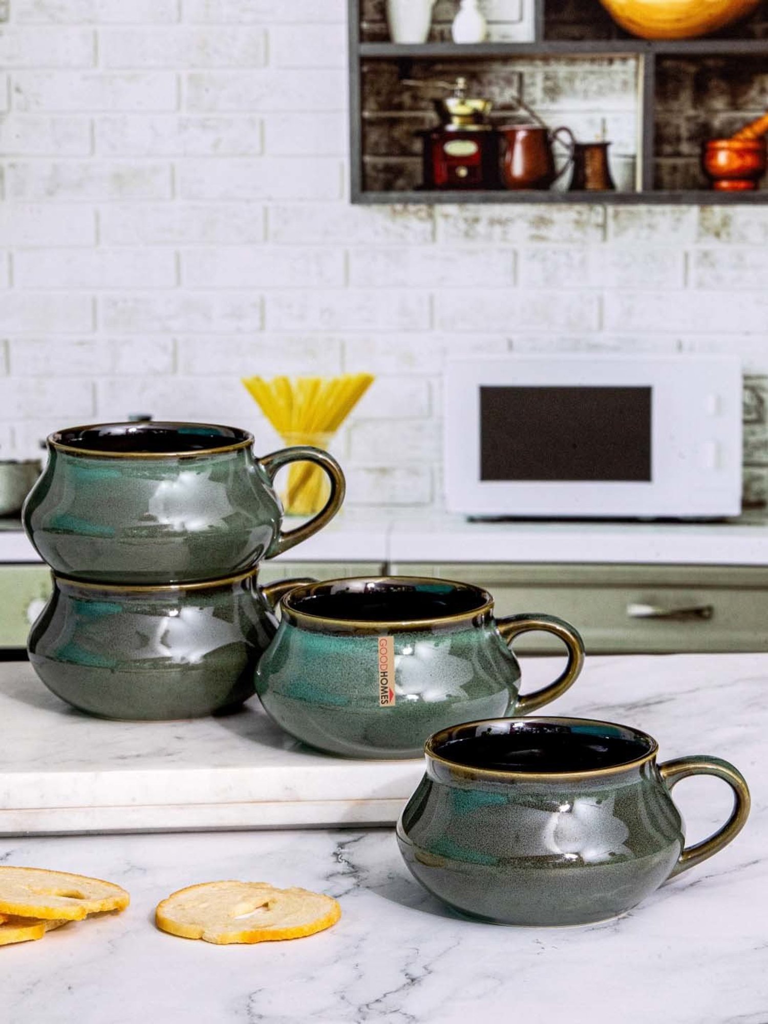 Goodhomes Green Ceramic Soup Cup (0.24 L) - Set of 4