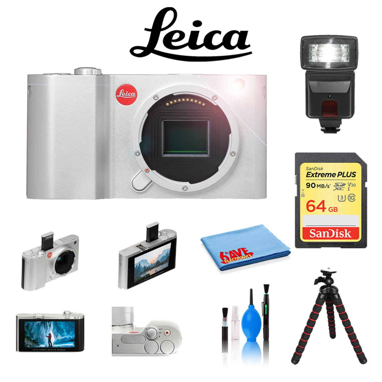 Leica T Digital Camera (Silver, 18181) with Sandisk 64GB Extreme Memory Card, 12 inch Tripod, Digital Flash and Cleaning