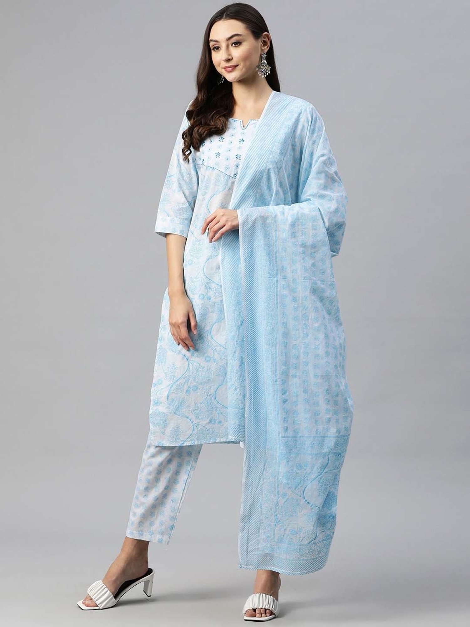 READIPRINT FASHIONS Blue Cotton Printed Kurta Pant Set With Dupatta