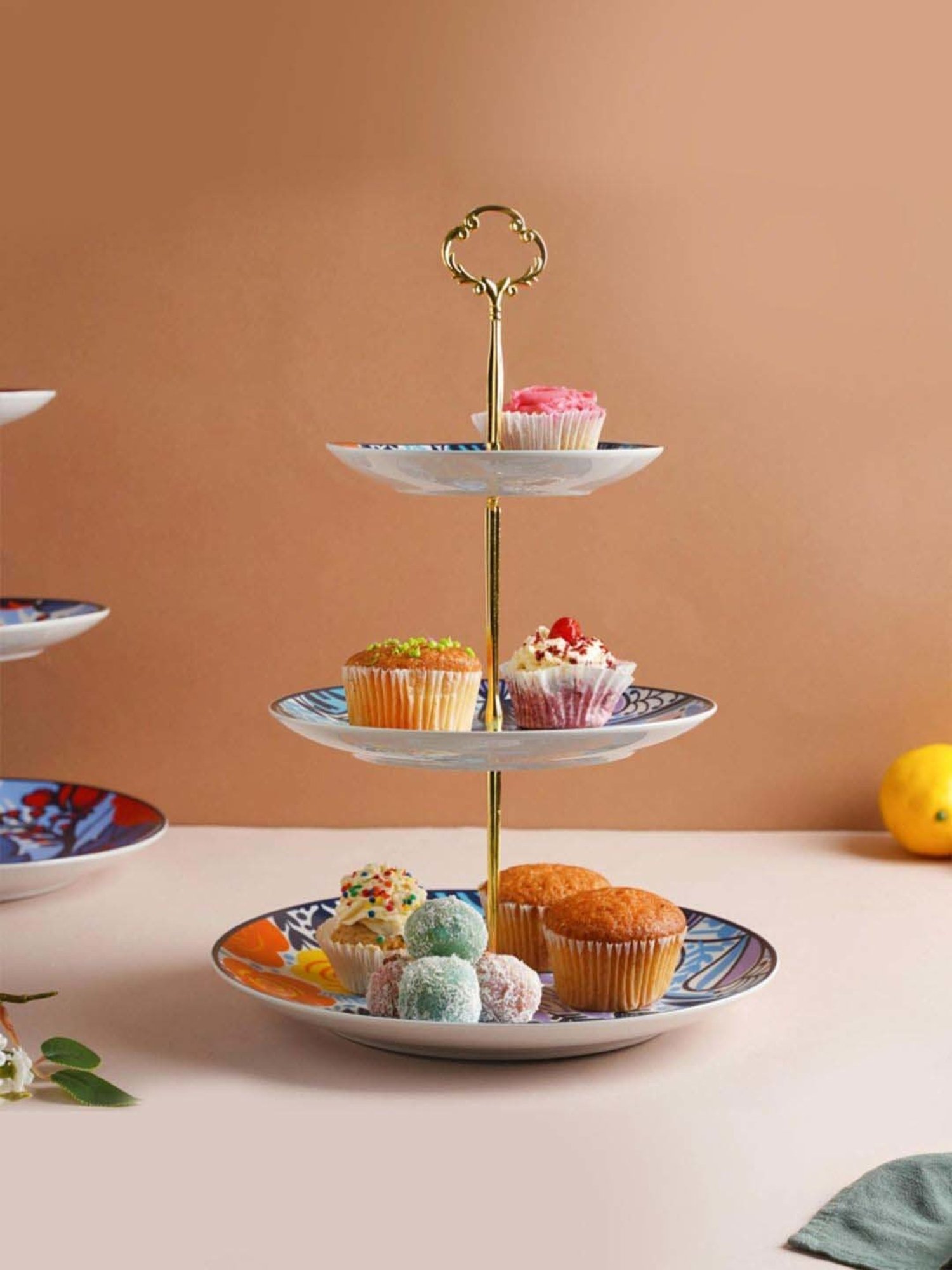 Nestasia Spring Printed Multicolor ceramic 3-Tier Dessert Display Stand for Serving cupcakes