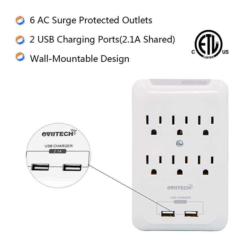 MultiFunction Wall Mount Outlet Adapter Surge Protector Charging Station  Dual 21AMP USB Charging Ports6 AC Socket Outlet Splitter PlugsWhiteETL Certified