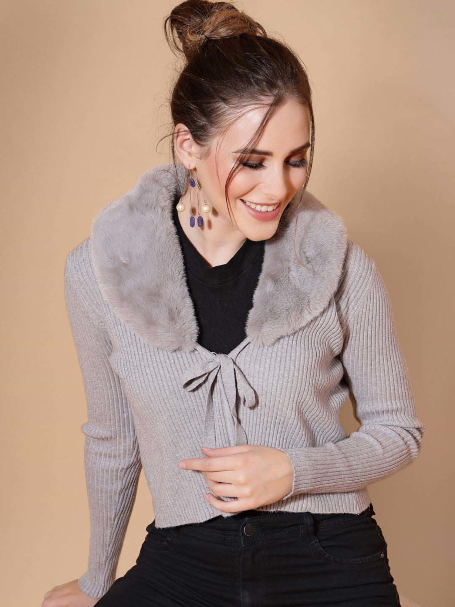 Mafadeny Grey Plain Cropped Cardigan